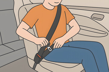 Illustration of person fastening seat belt in car for road safety awareness, driving regulations, passenger protection, transportation security, accident prevention, vehicle safety campaign concept