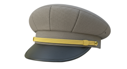 Isolated Grey Peaked Cap With Black Visor And Golden Band