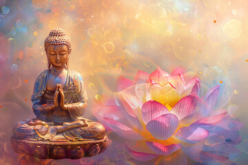Ancient statue great Buddha on bright holiday composition, abstract vivid composition consists of fictional unreal fantastic vision on background