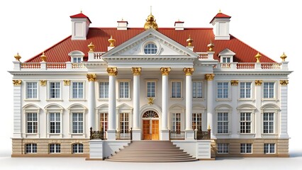 Elegant architectural illustration of a classical palace with golden accents and red roof