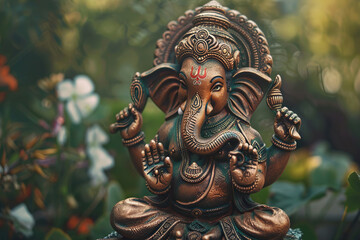 Fototapeta premium Bright holiday composition for happy Ganesh Chaturthi, abstract vivid composition consists of fictional unreal fantastic vision on background