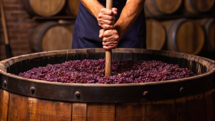 Hands pressing grapes in a wooden barrel, showcasing traditional winemaking techniques and the texture of the grapes.