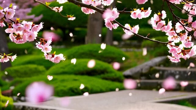 Delicate pink cherry blossoms hanging gracefully over serene lush green Japanese garden with stone path and steps in spring.