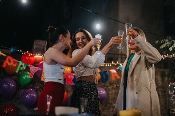Three friends gathered together raising glasses, surrounded by colorful balloons and party decorations, sharing joy and celebrating a birthday.