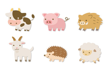 Whimsical Farm & Forest Animal Collection: Cow, Pig, Boar, Goat, Hedgehog, Sheep in Playful Flat Cartoon Style