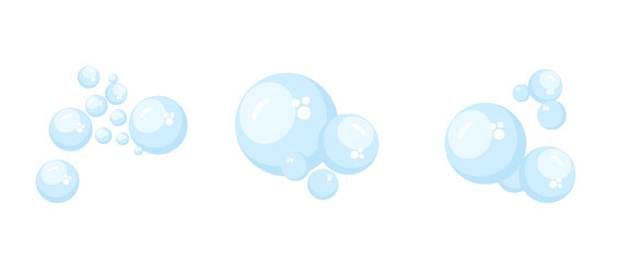 Air bubbles collection. Vector transparent blue bubbles of various sizes PNG. Cartoon soap foam and oxygen bubble elements isolated on white for kids design.