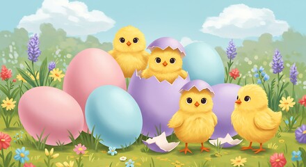 Cute chicks emerging from eggs in springtime