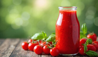 Glass Jar of Fresh Cherry Tomato Juice. Healthy Organic Beverage. AI generated.