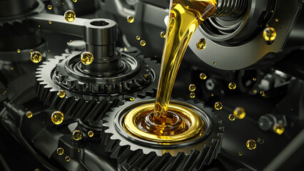 Golden Lubricant Oil Dripping on Mechanical Gears and Cogs