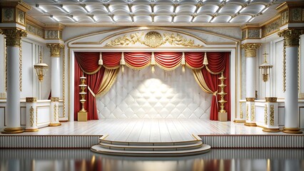 Elegant stage with red and gold curtains surrounded by luxurious columns and detailed ceiling