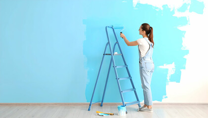 Woman painting a blue wall with a roller while standing on a ladder in a bright room