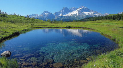 Obraz premium Stones resting in calm lake water, reflected sunset colors and surrounding forest mirrored 