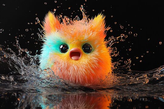 Brightly colored furry creature surrounded by vibrant splashes of paint in an imaginative setting at night