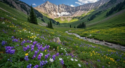 Fototapeta na wymiar Lush mountain meadow flowers