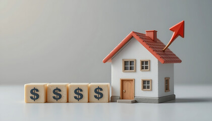 Real estate house model next to dollar sign blocks and arrow symbolizing property value growth