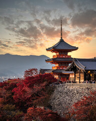 sunset at Kiyomizu Dera Pagoda Temple with red maple leaves or fall foliage in autumn season. Colorful trees, Kyoto, Japa