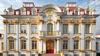 Majestic facade of a classical building with ornate gold and red architectural details