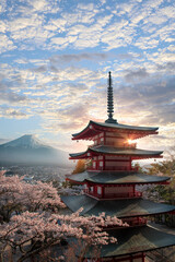 Fujiyoshida, Japan Beautiful view of mountain Fuji and Chureito pagoda at sunset, japan in the spring with cherry blossoms