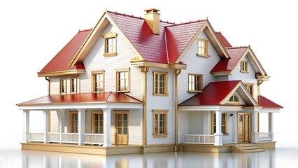 Luxurious home design rendered with gold accents and red roof reflecting elegant architectural details