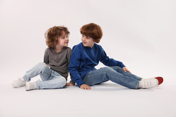 Cute little brothers posing on white background