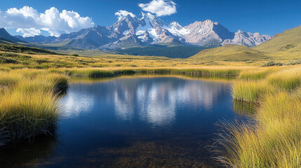 Fototapeta premium Stones resting in calm lake water, reflected sunset colors and surrounding forest mirrored 
