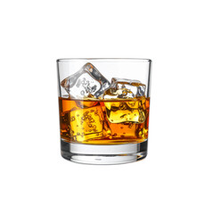 A glass of cold gold whiskey with ice rocks, a strong alcohol beverage for the bar