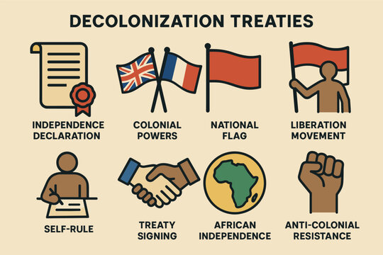Decolonization treaties icons set - flat, outline, independence and liberation symbols
