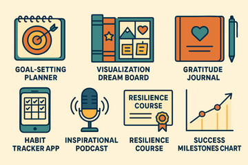 Goal setting planner icons set – outline, linear, motivation and productivity graphics
