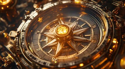 Obraz premium Intricate golden clockwork compass, a symbol of navigation and opulent timekeeping