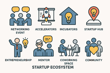 Startup ecosystem icons set - flat, silhouette, business growth and innovation symbols