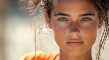 Young woman with freckles looking intensely at the camera with striking blue-green eyes, against a soft blurred background.