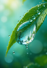 Large drop water reflects environment nature spring photography raindrops on plant leaf background image 