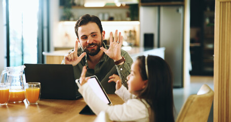 Tablet, counting and dad with daughter at home for elearning, homework and math education. Helping, numeracy and online class with man and child in family house for student app and remote school