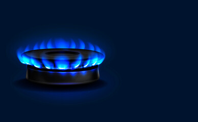Gas burner with blue flame, glowing fire ring in blue color on the kitchen stove. Copy space. Poster