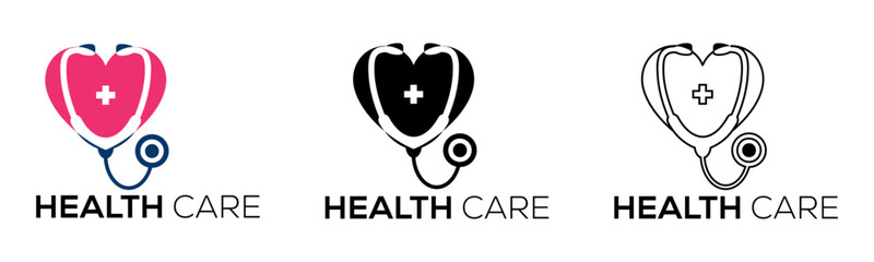 Healthcare Logo Icons – Heart & Stethoscope Medical Symbol in Color, Black, and Outline