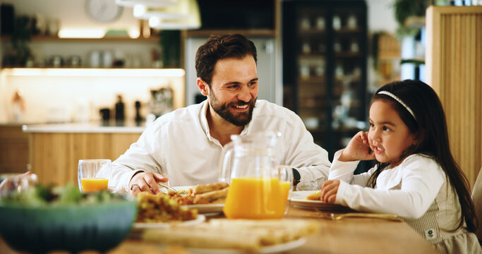 Happy, father and child with food at house for lunch, healthy meal and feast for bonding together. Smile, man and girl with dish for nutrition, breakfast brunch and cuisine for family gathering