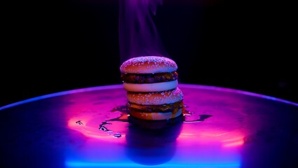 Delicious stacked cheeseburgers illuminated with vapor and vibrant neon lighting on a dark surface