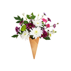 A sweet dessert of frozen vanilla ice cream in a waffle cone sits near a pink rose bouquet in a white vase
