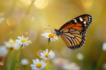 Obraz premium Black butterfly feeding on white daisy