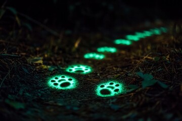 Cat explores glowing tracks in a mysterious forest at night revealing fantasy and intrigue