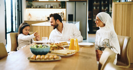 Smile, muslim family and food at house for Eid lunch, healthy meal and feast of celebration. Happy,...