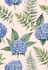 Seamless Floral Pattern with Blue Hydrangeas on pastel Background. for wrapping paper, textile design, stationery, wallpaper