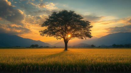 Lone tree standing in vast rice field at sunset