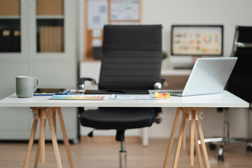 Workspace with desktop computer, office supplies, houseplant and coffee cup at office. desk work concept.