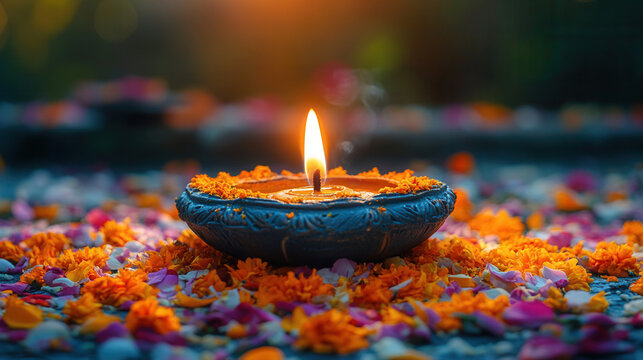 Hand lighting clay Diwali diya with flower petals and rangoli