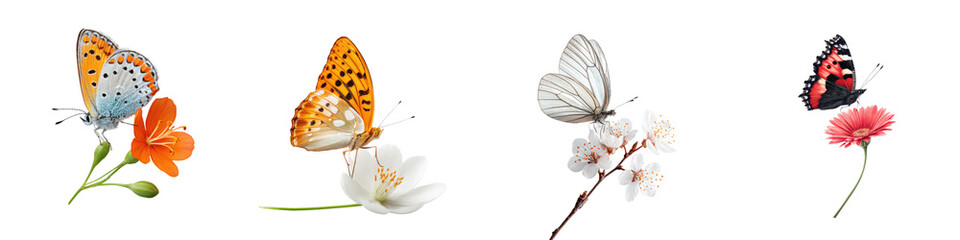 Obraz premium Vibrant butterflies resting on delicate spring flowers and blooming tree branches in a serene natural setting
