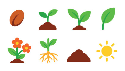 Gardening flat icons set – nature, plants, agriculture and cultivation symbols