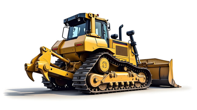 A magnificent yellow bulldozer in action at a bustling construction site. The powerful machine dominates the scene with its robust design and meticulously engineered components.
