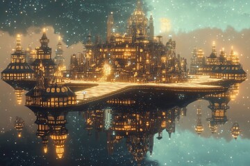 Obraz premium Floating city with geometric design illuminated at dusk above a tranquil landscape