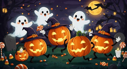 Halloween ghosts and pumpkins